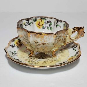 Napco Small Cup and Saucer Yellow Roses Hand Painted Opalescent Vintage